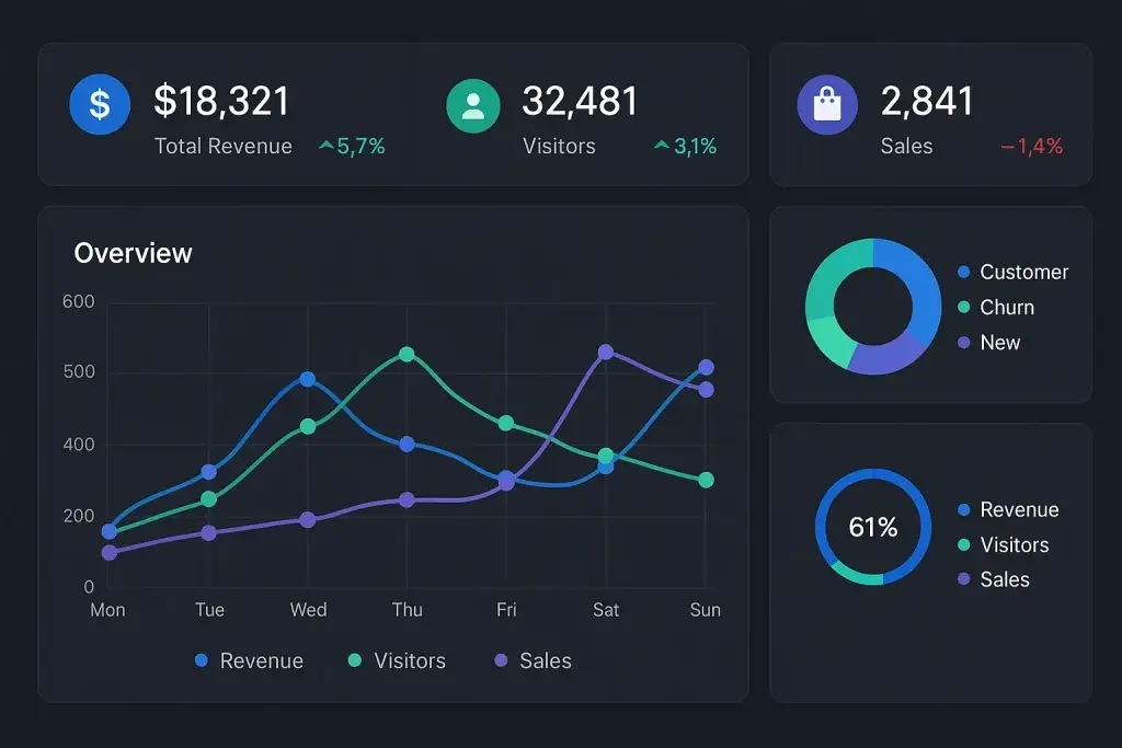 Proven Revenue Models for Your Decentralized Crypto Exchange 4 Dark-themed analytics dashboard showing total revenue, visitors, sales, and visual breakdowns with line and donut charts for performance metrics.