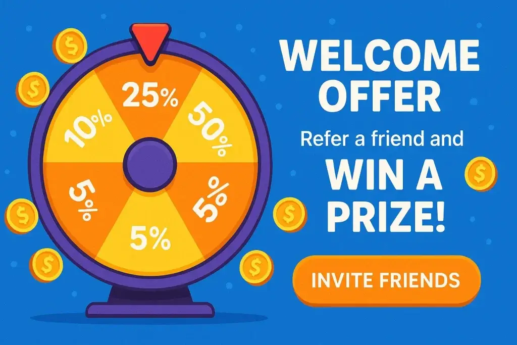 How to Market a Pharmacy Marketplace Successfully After Launch 3 "Colorful promotional graphic showing a spinning prize wheel with discount percentages (5%, 10%, 25%, 50%) and gold coins around it. Text on the right reads: 'Welcome Offer โ Refer a friend and win a prize!' with an orange button labeled 'Invite Friends'."