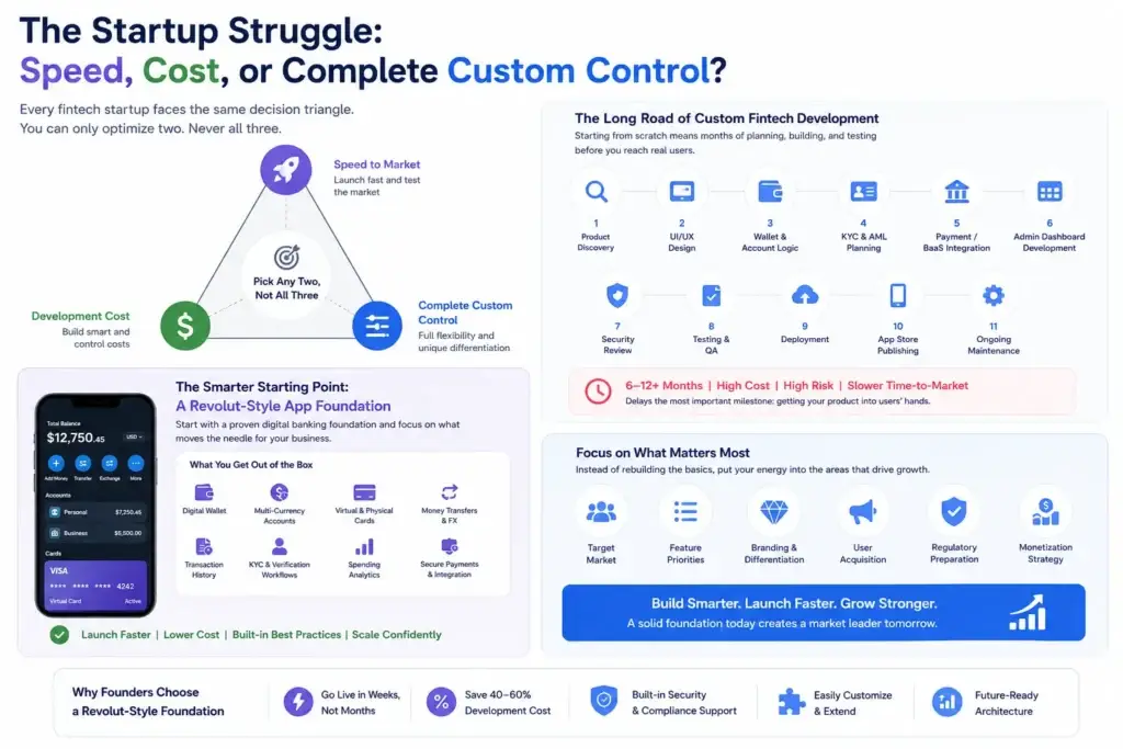 Why Startups Choose Our Revolut Clone Over Custom Development 1 Revolut clone vs custom fintech development comparing speed, cost, and custom control for startup founders