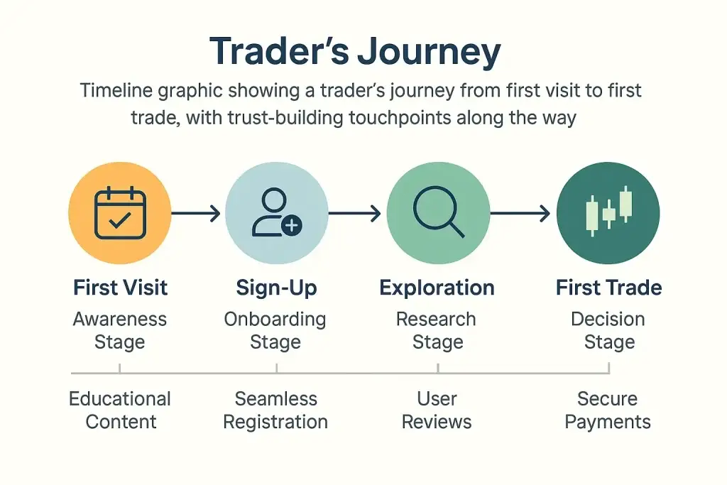 How to Market a P2P Cryptocurrency Marketplace App Successfully After Launch 2 traders journey timeline graphic p2p crypto app