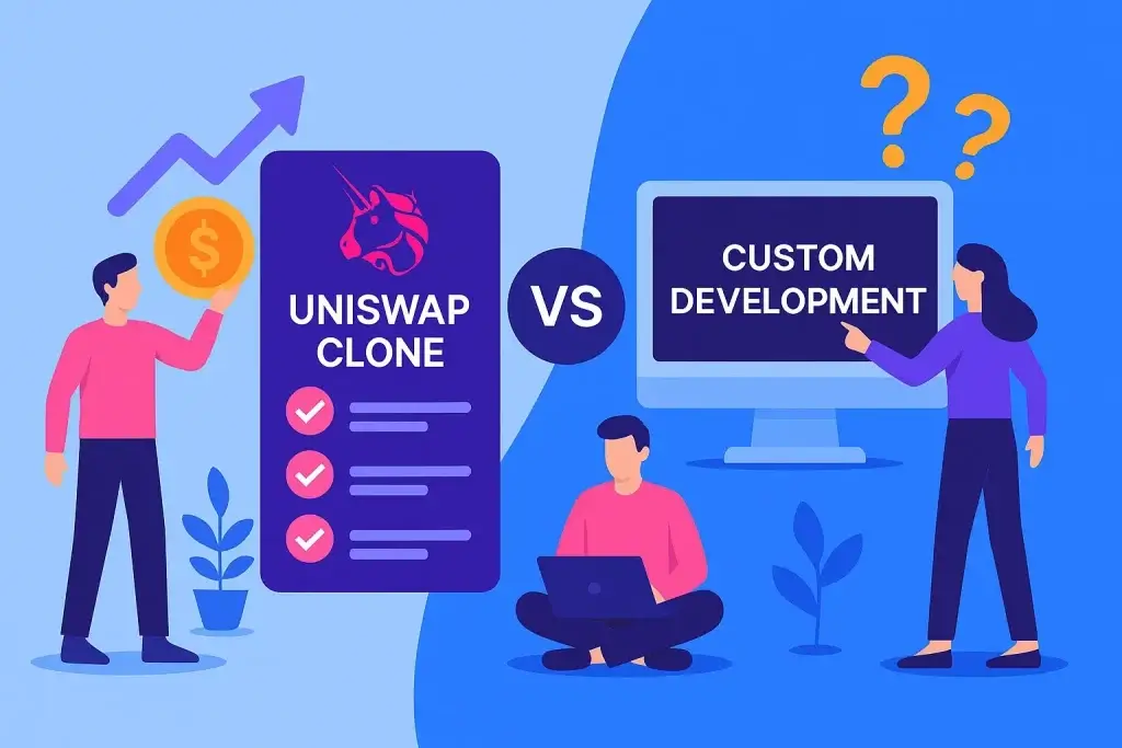 Digital illustration visualizing reasons startups choose Uniswap clone over custom development