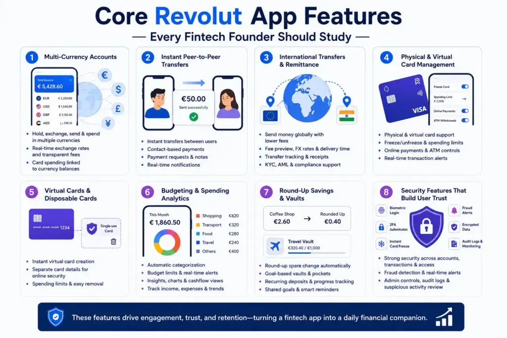 Revolut App Features List: What Makes It a Fintech Powerhouse? 1 core Revolut app features for fintech founders: multi-currency accounts, instant peer-to-peer payments, international transfers, physical and virtual card management, disposable cards, spending analytics, savings vaults, and security controls.