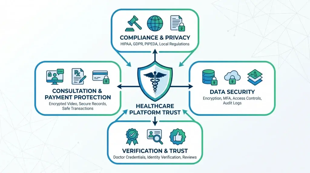 Best Practo Clone Script in 2026: Features & Pricing Compared 2 Healthcare platform trust framework showing compliance and privacy, data security, provider verification, secure consultations, payment protection, and patient data safeguards.
