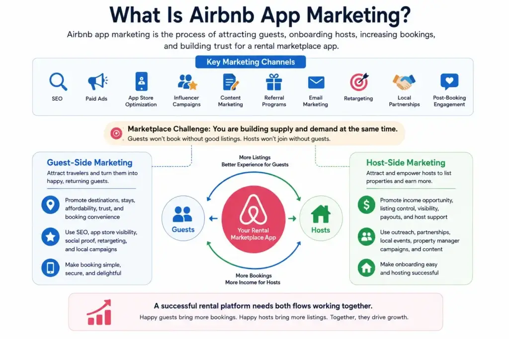 Airbnb App Marketing Strategy: How to Make Your Rental App Unforgettable 1 Infographic explaining Airbnb app marketing as a two-sided marketplace strategy that attracts guests and onboards hosts using SEO, paid ads, app store optimization, influencer campaigns, content marketing, referrals, email, retargeting, local partnerships, and post-booking engagement.