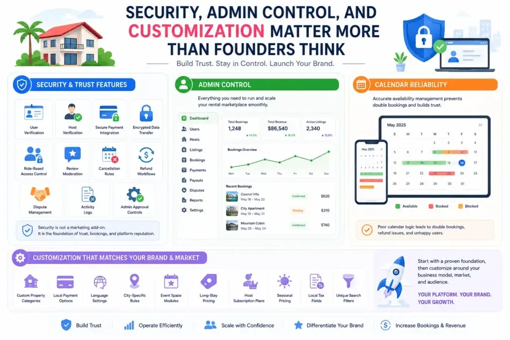 What is Airbnb App and How Does It Work? 2 Airbnb clone security, admin control, calendar reliability, and customization features for building a trusted and scalable rental marketplace