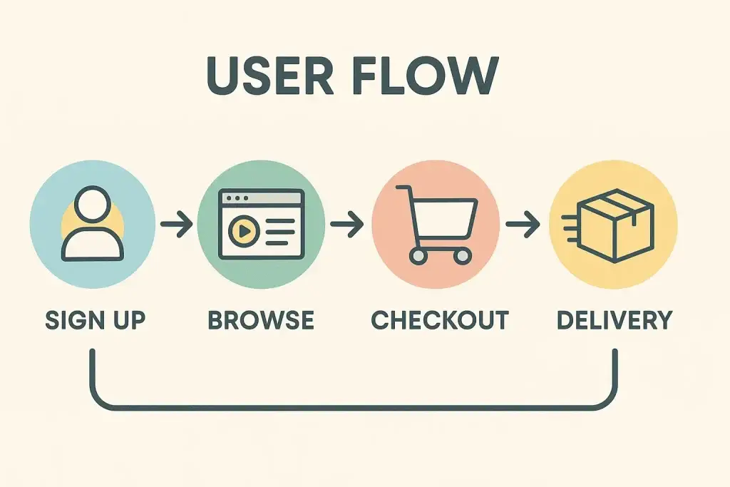 What is a Netmeds App and How Does It Work? 2 User flow diagram illustrating four key steps: sign up, browse, checkout, and delivery โ visually represented with icons and connected by arrows to depict the online shopping or ordering process.