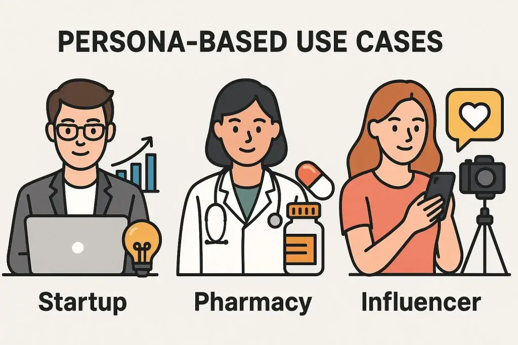 What is a Netmeds App and How Does It Work? 3 Illustration showing three persona-based use cases for a Netmeds clone: a startup founder with a laptop and lightbulb, a pharmacist with a stethoscope and medicine, and an influencer with a smartphone and camera setup.