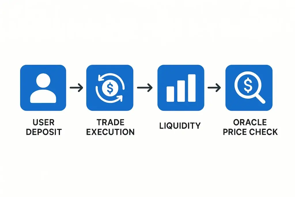 What is a GMX App and How Does It Work? 2 Flowchart illustrating the core trading process on a GMX clone platform: starting with user deposit, followed by trade execution, liquidity allocation, and ending with an oracle-based price check. Each step is represented by a blue icon with simple white graphics and arrows connecting the sequence.