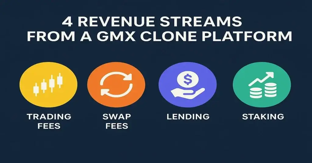 What is a GMX App and How Does It Work? 3 Illustration showing four revenue streams from a GMX clone platform: Trading Fees (yellow candlestick icon), Swap Fees (orange circular arrows), Lending (purple hand with dollar symbol), and Staking (green upward arrow with coin stacks), all displayed with bold titles and colorful icons on a dark background.