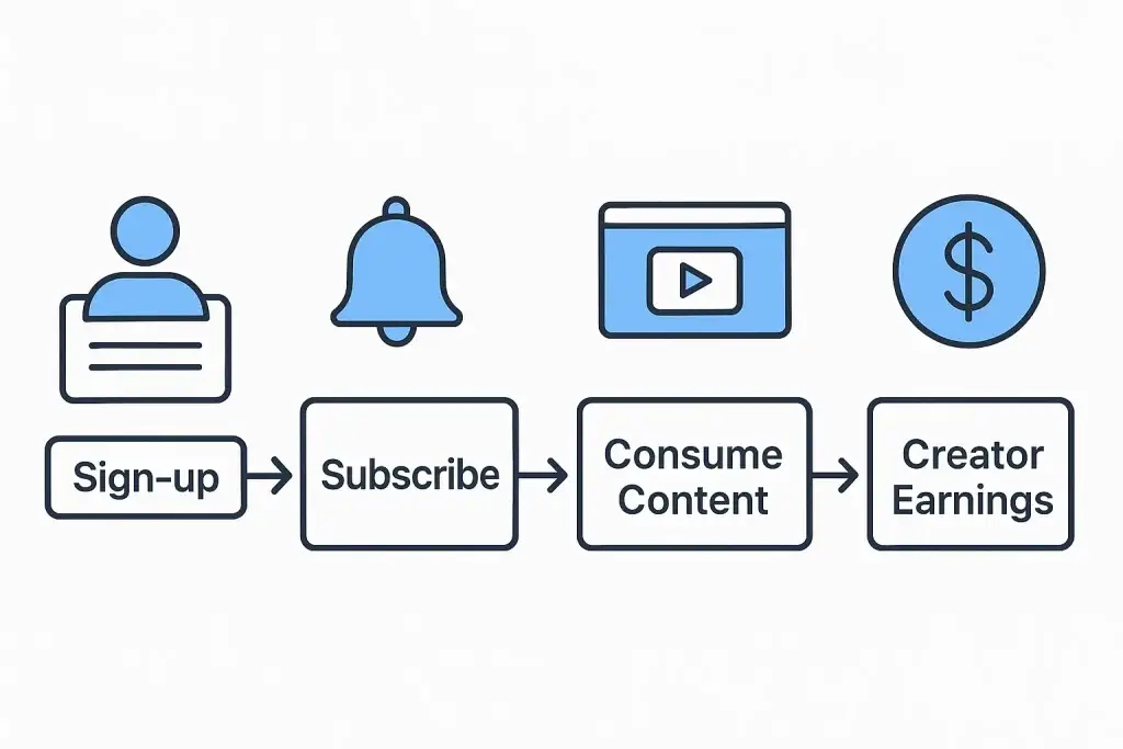 What is Fansly App and How Does It Work? 2 A linear flowchart showing the user journey in a content subscription platform. The steps include Sign-up, Subscribe, Consume Content, and Creator Earnings, each represented with simple blue icons such as a profile, bell, video player, and dollar sign.