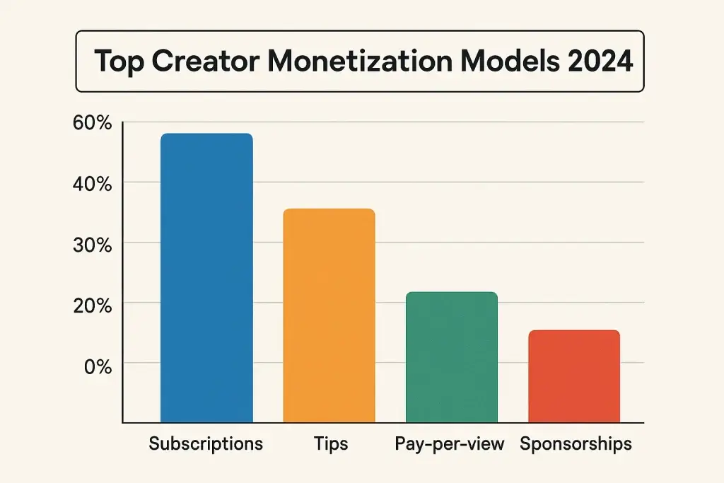 What is Fansly App and How Does It Work? 3 Bar chart titled "Top Creator Monetization Models 2024" comparing four revenue strategies: Subscriptions (~55%), Tips (~40%), Pay-per-view (~25%), and Sponsorships (~15%), with each bar represented in a different color.