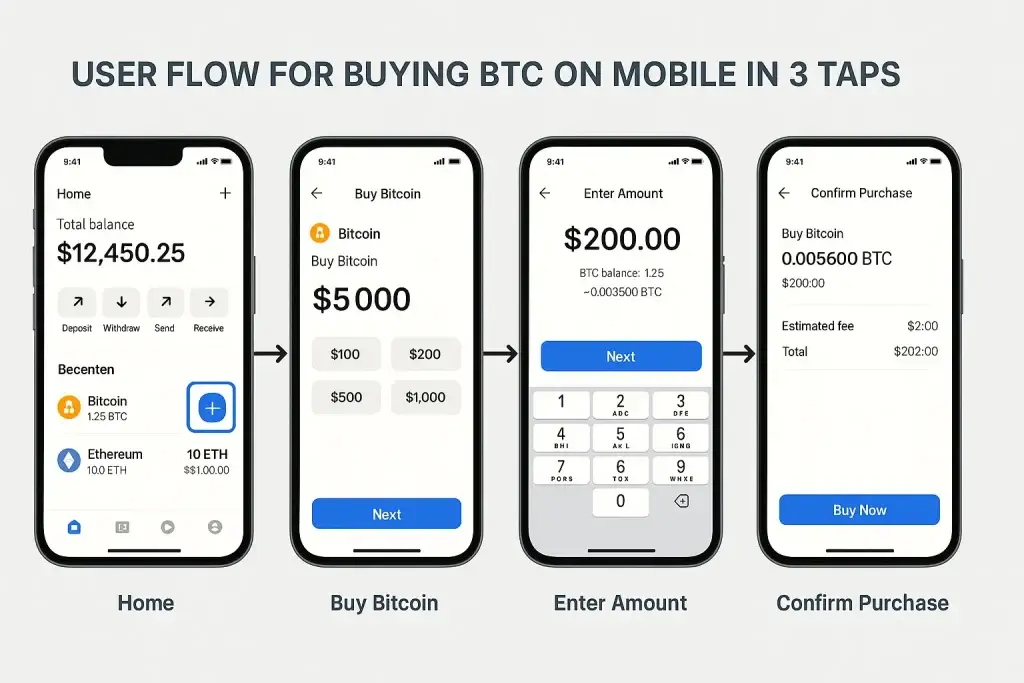 What is a LocalBitcoins App and How Does It Work? 3 Mobile user interface sequence titled "User Flow for Buying BTC on Mobile in 3 Taps," showing four smartphone screens: Home dashboard with crypto balances, Buy Bitcoin selection screen, Enter Amount screen with numeric keypad, and Confirm Purchase screen with transaction details and a "Buy Now" button.