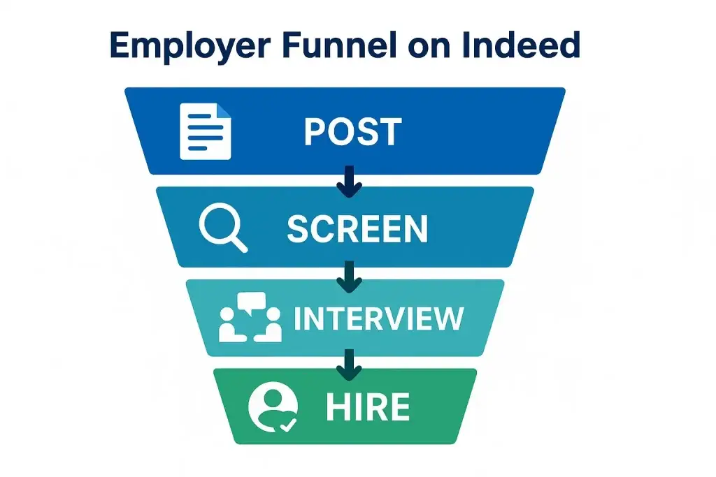 What is Indeed App and How Does It Work? 2 Infographic of the employer hiring funnel on Indeed, showing four stacked stages from top to bottom: Post, Screen, Interview, and Hire โ each with corresponding icons and arrows indicating the hiring flow.