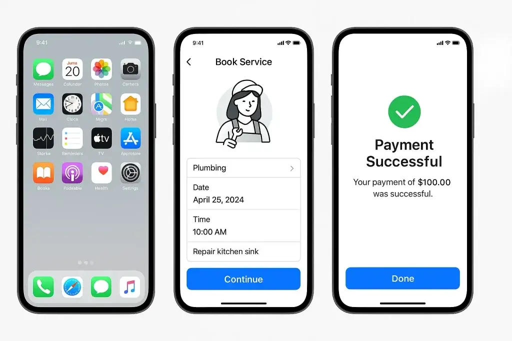 What is UrbanClap App and How Does It Work? 1 Three smartphones displaying an app flow: the first shows the home screen, the second displays a โBook Serviceโ screen for plumbing with a selected date and time, and the third confirms โPayment Successfulโ for $100 with a green checkmark.
