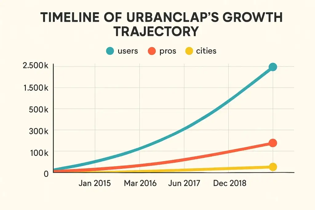 What is UrbanClap App and How Does It Work? 2 Line graph titled โTimeline of UrbanClapโs Growth Trajectoryโ showing the rise in users, pros (service professionals), and cities served from January 2015 to December 2018. The chart displays a steep upward curve for users, followed by a moderate increase for pros, and a gradual rise for cities.