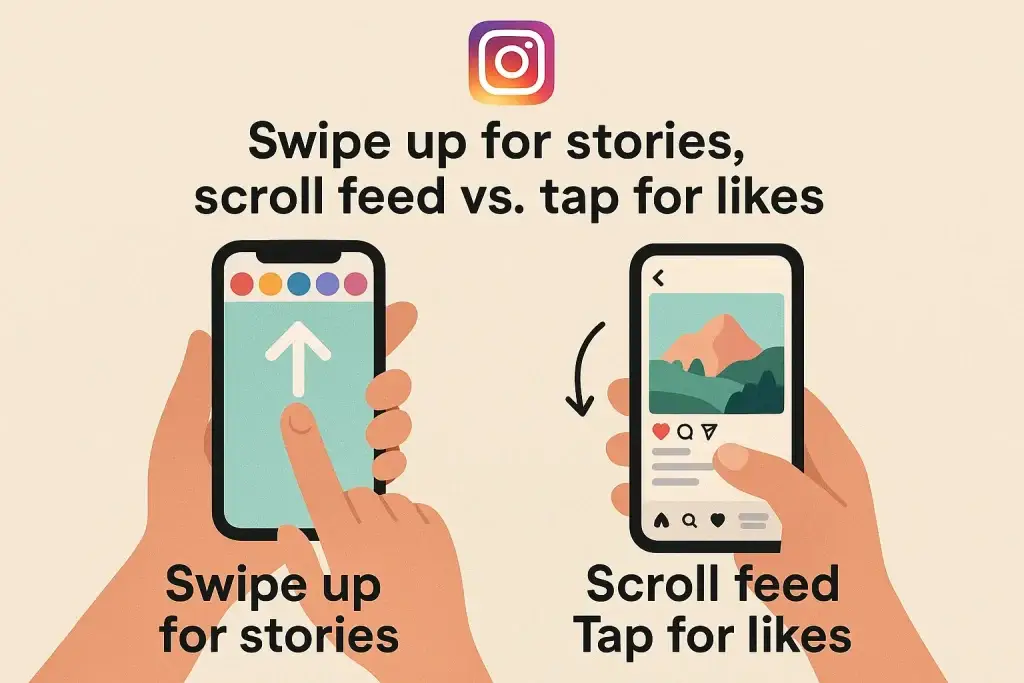 What is Instagram App and How Does It Work? 2 Illustration comparing Instagram user gesturesโone hand swiping up on stories and another scrolling the feed and tapping to like a post, with accompanying labels explaining each action.