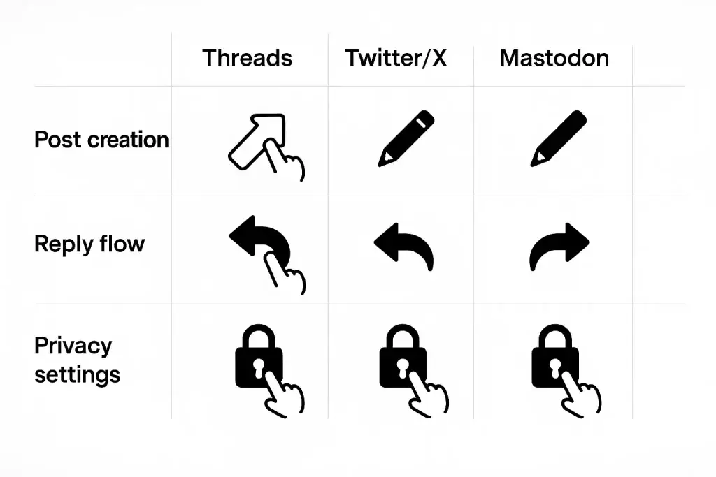 What is Threads App and How Does It Work? 2 "Comparison chart showing user interface gesture icons for Threads, Twitter/X, and Mastodon across three features: Post Creation, Reply Flow, and Privacy Settings. Threads uses tap gesture icons for all three actions, while Twitter/X and Mastodon use pencil icons for post creation, curved arrows for reply flow, and padlock icons for privacy, with slight visual differences in design."