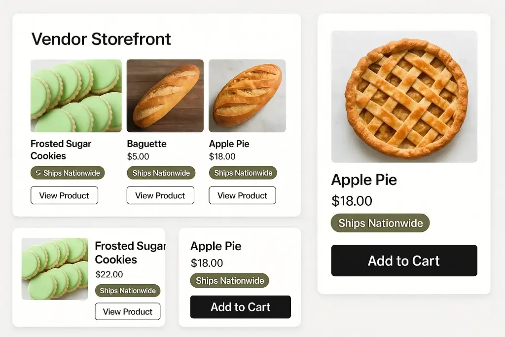 What is Goldbelly App and How Does It Work? 2 Screenshot of a vendor storefront interface displaying food items for sale, including frosted sugar cookies, baguette, and apple pie, each with pricing and a "Ships Nationwide" badge. Buttons for โView Productโ and โAdd to Cartโ are visible beneath each item.