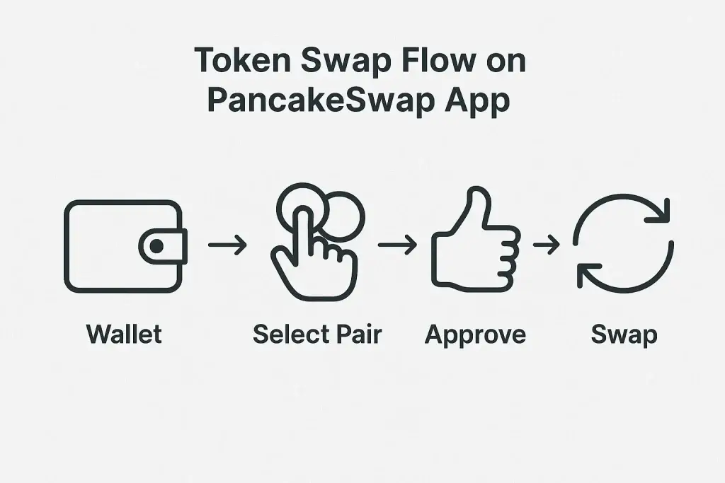 What is PancakeSwap App and How Does It Work? 2 Step-by-step diagram illustrating the token swap flow on the PancakeSwap app, showing icons and labels for Wallet connection, selecting token pair, approving the transaction, and executing the swap.