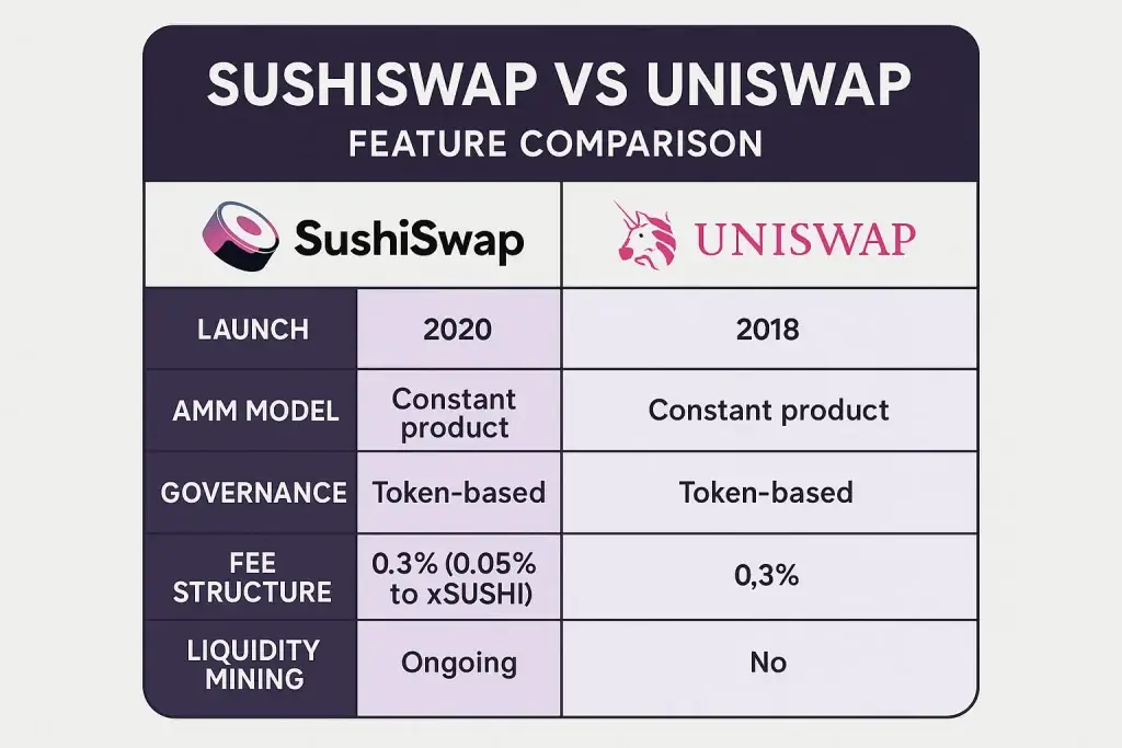 What is Sushiswap App and How Does It Work? 1 Comparison table titled โSushiSwap vs Uniswap โ Feature Comparison,โ showing differences in launch year (SushiSwap: 2020, Uniswap: 2018), AMM model (both use constant product), governance (token-based for both), fee structure (SushiSwap: 0.3% with 0.05% to xSUSHI, Uniswap: 0.3%), and liquidity mining (SushiSwap: ongoing, Uniswap: no).