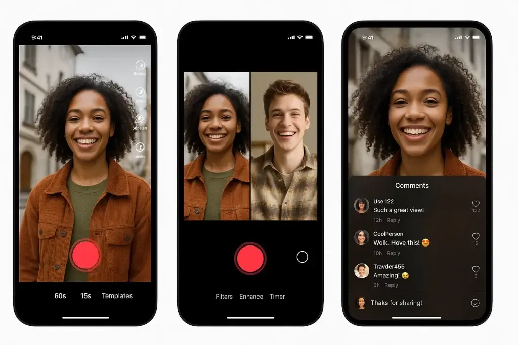 What is TikTok App and How Does It Work? 1 Three smartphone screens showing different stages of using a short-form video app: the first screen displays a woman recording a video, the second screen shows a duet feature with another user, and the third screen highlights a comment section with viewer interactions and likes.