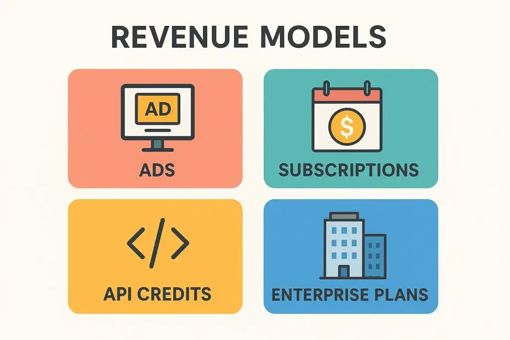 What is ChatGPT App and How Does It Work? 3 A colorful infographic showing four revenue models for AI apps: Ads (monitor icon), Subscriptions (calendar with dollar sign), API Credits (code symbol), and Enterprise Plans (office building), each in separate blocks.
