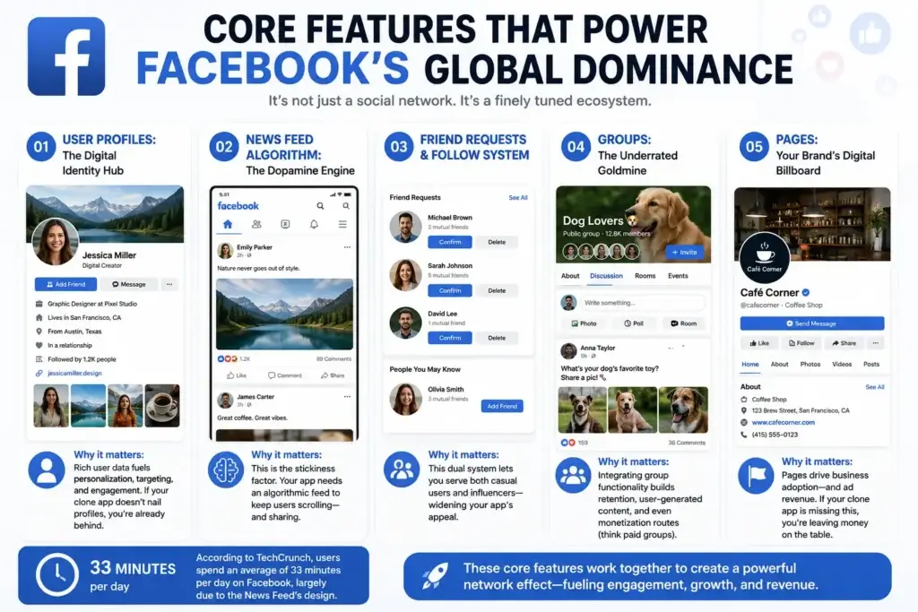 Top Facebook Features Explained 1 Facebook core features infographic showing user profiles, news feed algorithm, friend requests, follow system, groups, pages, engagement, growth, and network effects.