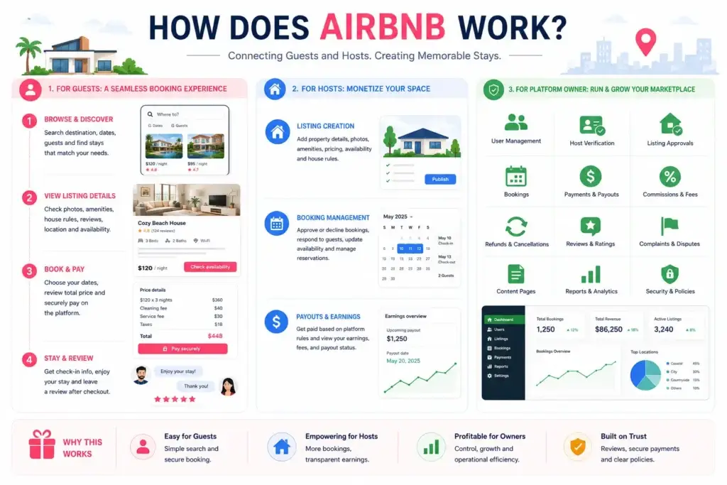 What is Airbnb App and How Does It Work? 1 How Airbnb works for guests, hosts, and platform owners through property search, booking, payments, listings, payouts, and marketplace management