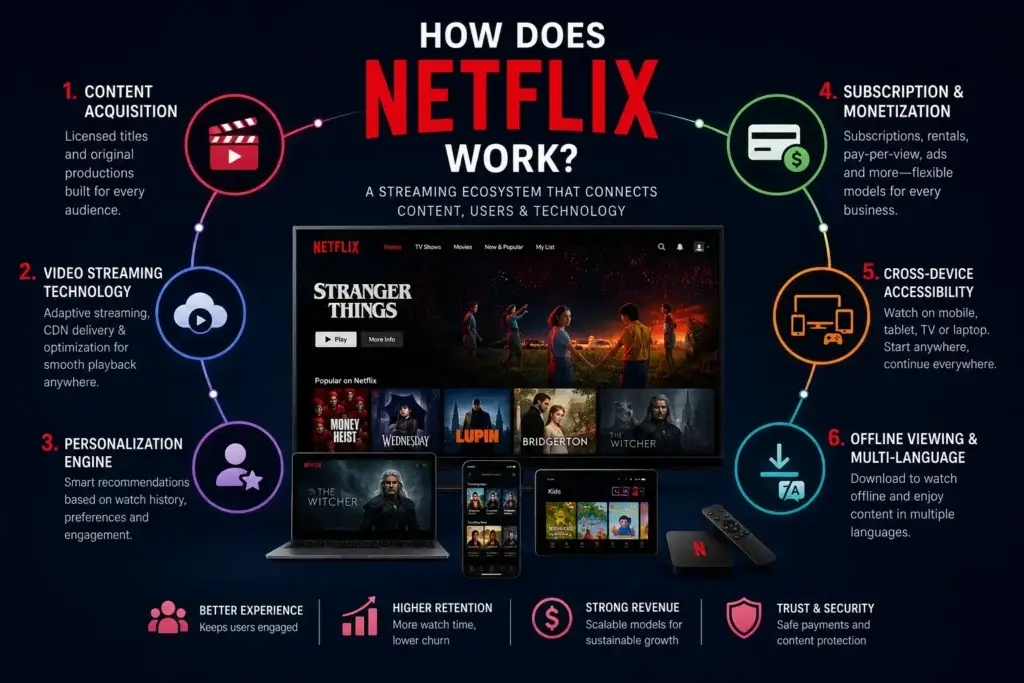 What is Netflix App and How Does It Work? 1 How Netflix works through content acquisition, streaming technology, personalization, subscriptions, cross-device access, and offline viewing