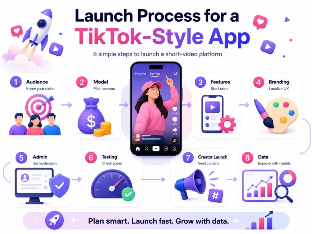 What is TikTok App and How Does It Work? 2 TikTok-style app launch process infographic showing 8 steps including audience research, revenue model, core features, branding, admin setup, testing, creator launch, and data insights.
