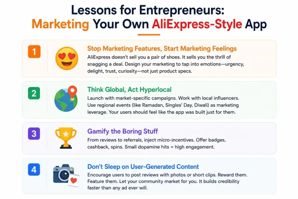 The Genius Behind AliExpress App Marketing Strategy 1 Infographic highlighting marketing lessons for entrepreneurs building an AliExpress-style app, including emotional marketing, hyperlocal campaigns, gamification, and user-generated content strategies.