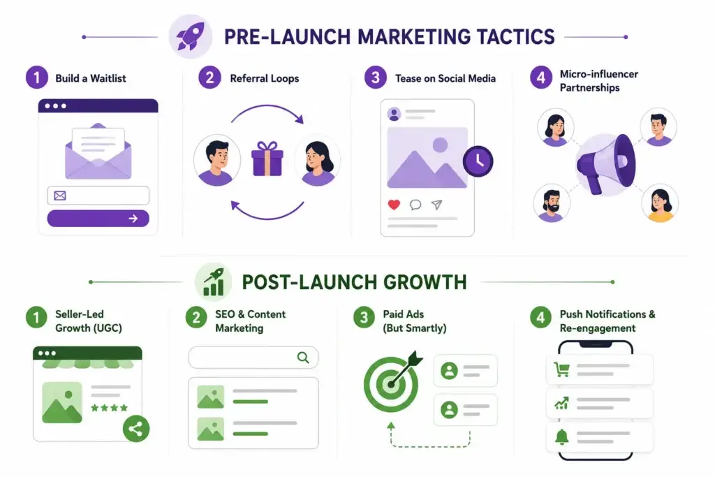 Fiverr App Marketing Strategy: How to Get Your App Buzzing 1 Marketing strategy infographic showing pre-launch tactics and post-launch growth steps, including waitlist building, referral loops, social media teasers, influencer partnerships, UGC, SEO, paid ads, and re-engagement notifications.