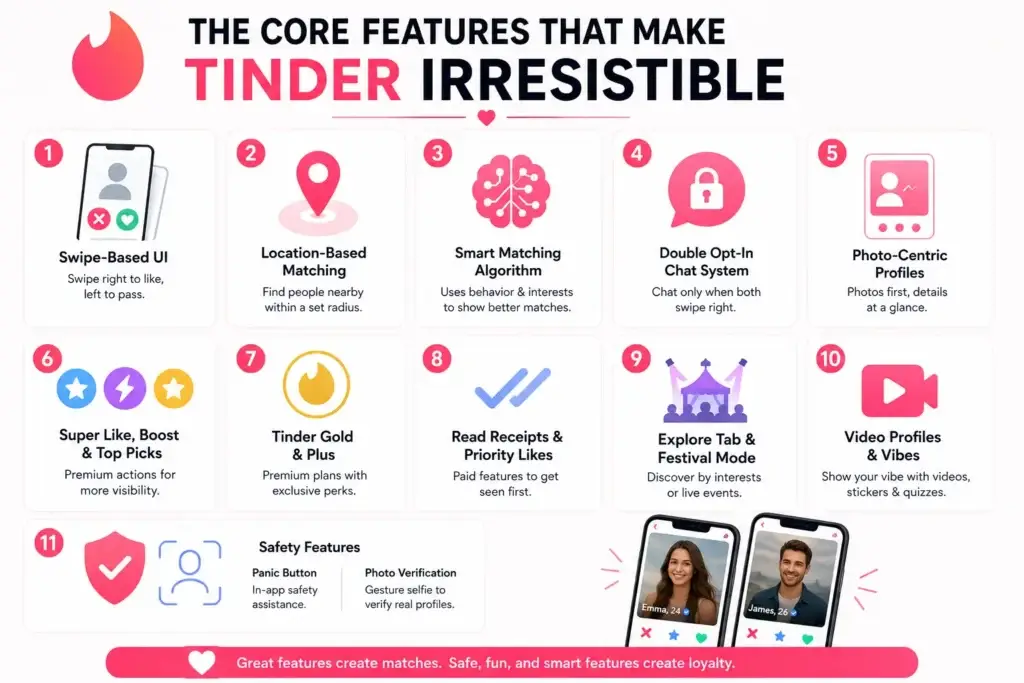 Tinder App Features Explained 1 Tinder core features infographic showing swipe-based UI, location-based matching, smart algorithm, double opt-in chat, photo profiles, premium features, video profiles, and safety tools.