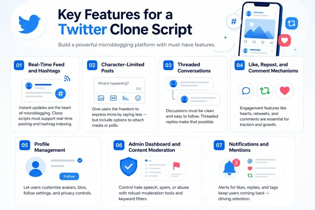Best Twitter Clone Script in 2026: Features & Pricing Compared 1 Twitter clone script features infographic showing real-time feed, hashtags, threaded conversations, reposts, comments, profile management, notifications, and content moderation