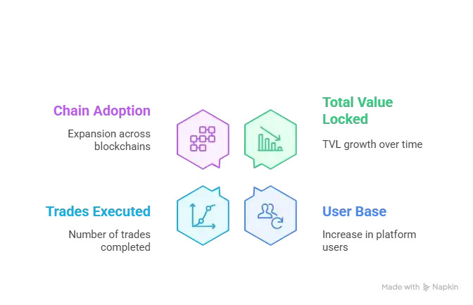 Reasons startup choose our gmx clone over custom development 1 Infographic showing GMXโs clone decentralized trading platform growth with metrics like TVL, user base, and chain adoption