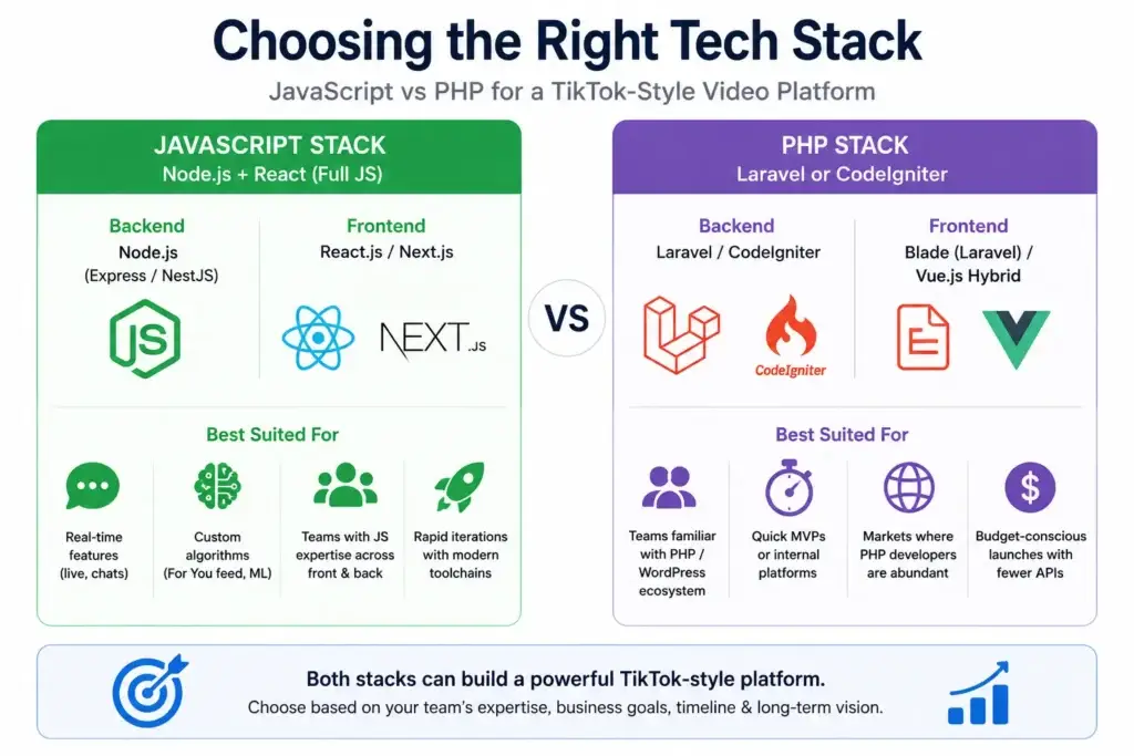 How to Build an App Like TikTok โ Developer Guide 1 Simple comparison infographic showing JavaScript and PHP tech stacks for a TikTok-style video platform, comparing Node.js and React with Laravel or CodeIgniter based on real-time features, algorithms, team expertise, MVP speed, and budget.