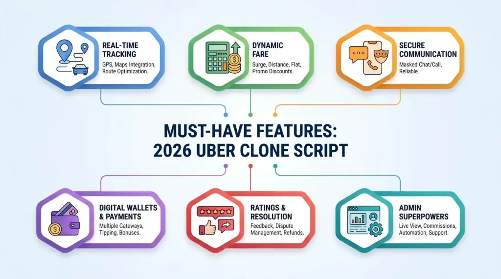 Best Uber Clone script in 2026: Features & Pricing Compared 1 Infographic showing must-have Uber clone script features including real-time tracking, dynamic fare, secure communication, digital wallets, ratings, dispute resolution, and admin controls.