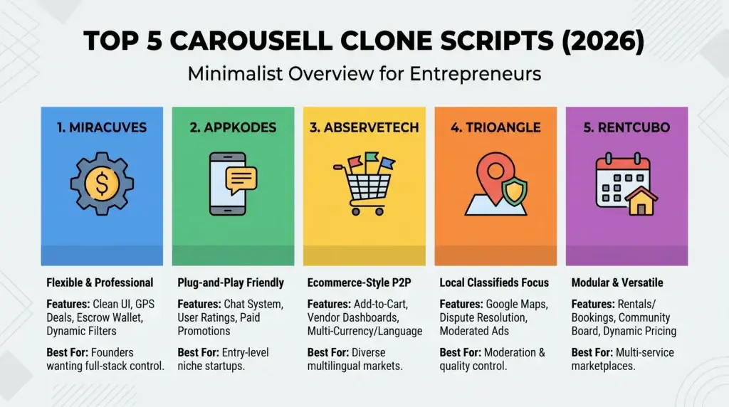 Best Carousell Clone Script in 2026: Features & Pricing Compared 1 Infographic showing the top 5 Carousell clone scripts for 2026, comparing Miracuves, Appkodes, Abservetech, Trioangle, and RentCubo with features, best-use cases, and marketplace app strengths.