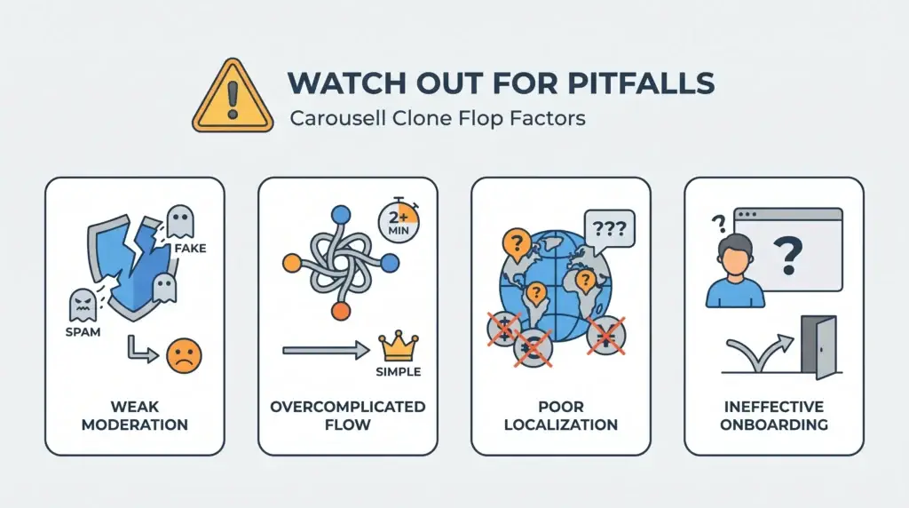 Best Carousell Clone Script in 2026: Features & Pricing Compared 2 Infographic showing Carousell clone flop factors including weak moderation, overcomplicated user flow, poor localization, and ineffective onboarding for marketplace apps.