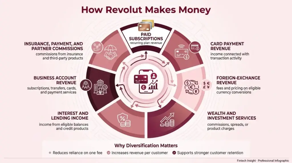 Understanding the Revolut Business Model, Key Features, and Revenue Strategy 2 Infographic explaining how Revolut makes money through subscriptions, payments, foreign exchange, wealth services, lending, and business accounts.