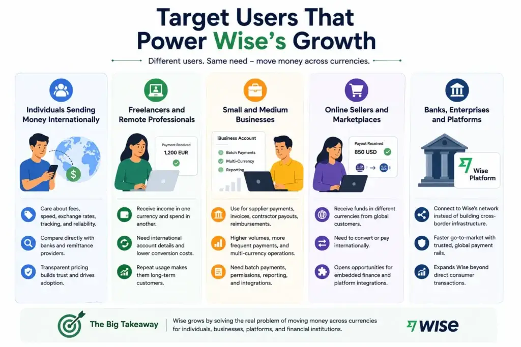 Business Model of Wise: Explained for Startup Founders 1 Infographic showing five target user groups that power Wiseโs growth: individuals sending money internationally, freelancers and remote professionals, small and medium businesses, online sellers and marketplaces, and banks, enterprises, and platforms.