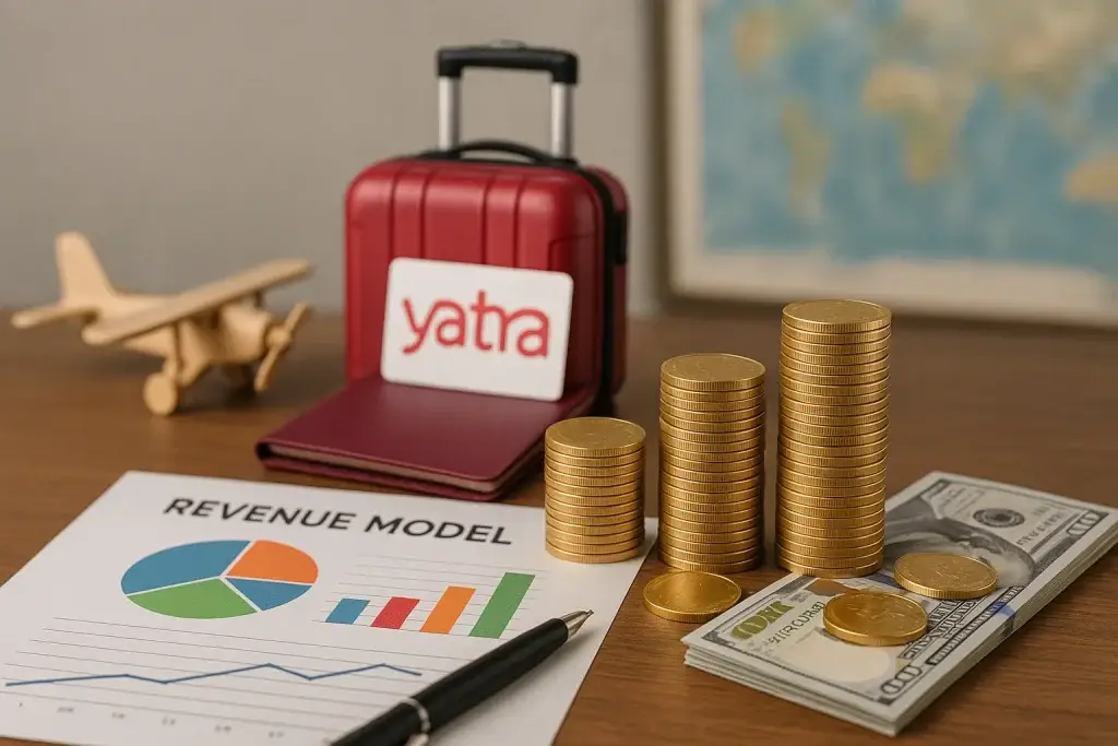 Understanding Yatraโs Revenue Model That Fuels Its Travel Empire 1 Stacks of gold coins, U.S. dollar bills, and a โRevenue Modelโ chart placed beside a red travel suitcase with a โYatraโ label โ symbolizing Yatraโs business earnings and monetization strategy in the travel sector.