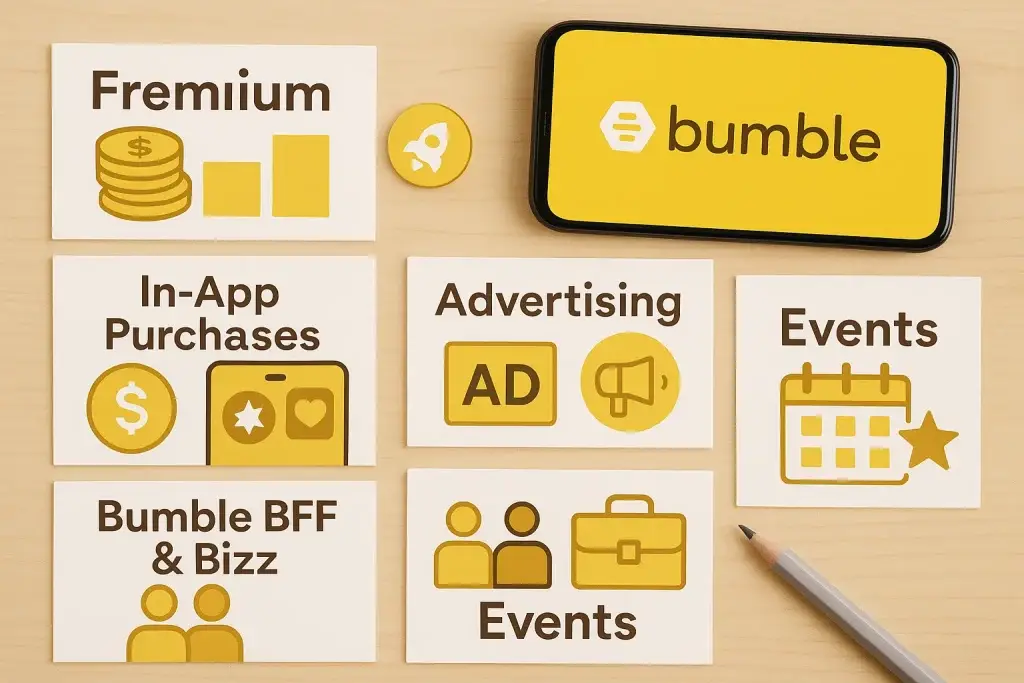 Revenue Model of Bumble: How the Dating App Earns Big 1 Cards with Bumbleโs revenue streams including freemium, in-app purchases, advertising, events, and BFF/Bizz displayed next to Bumble app