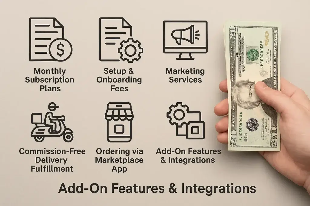 Revenue Model of ChowNow: How the Commission-Free Food Ordering App Makes Money 1 Infographic listing ChowNowโs monetization options with icons and a hand holding cash.
