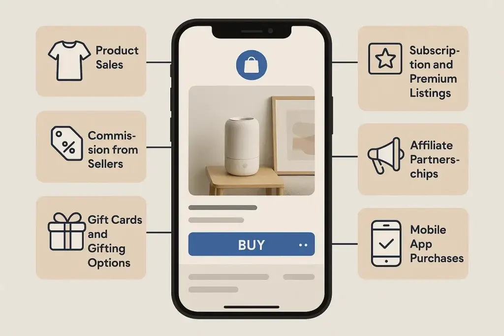 Revenue Model of Fancy: How the Social E-Commerce App Turns Browsing into Buying 1 Smartphone screen displaying product purchase interface with labeled monetization methods such as product sales, commissions, subscriptions, affiliate partnerships, and more.