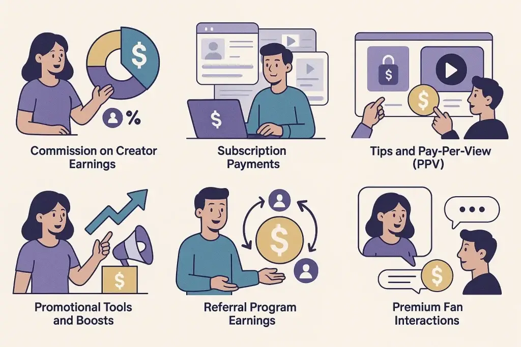 Revenue Model of Fansly: How This Subscription Platform Makes Money 1 Illustration showing Fansly revenue streams including subscriptions, tips, referrals, and fan interactions