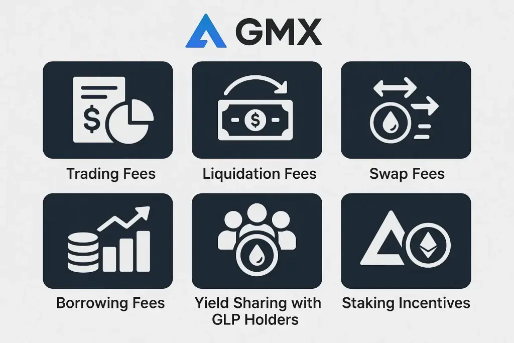 Revenue Model of GMX: How This Decentralized Exchange Makes Money 1 "GMX revenue model with trading, liquidation, swap, borrowing fees, yield sharing, and staking incentives"