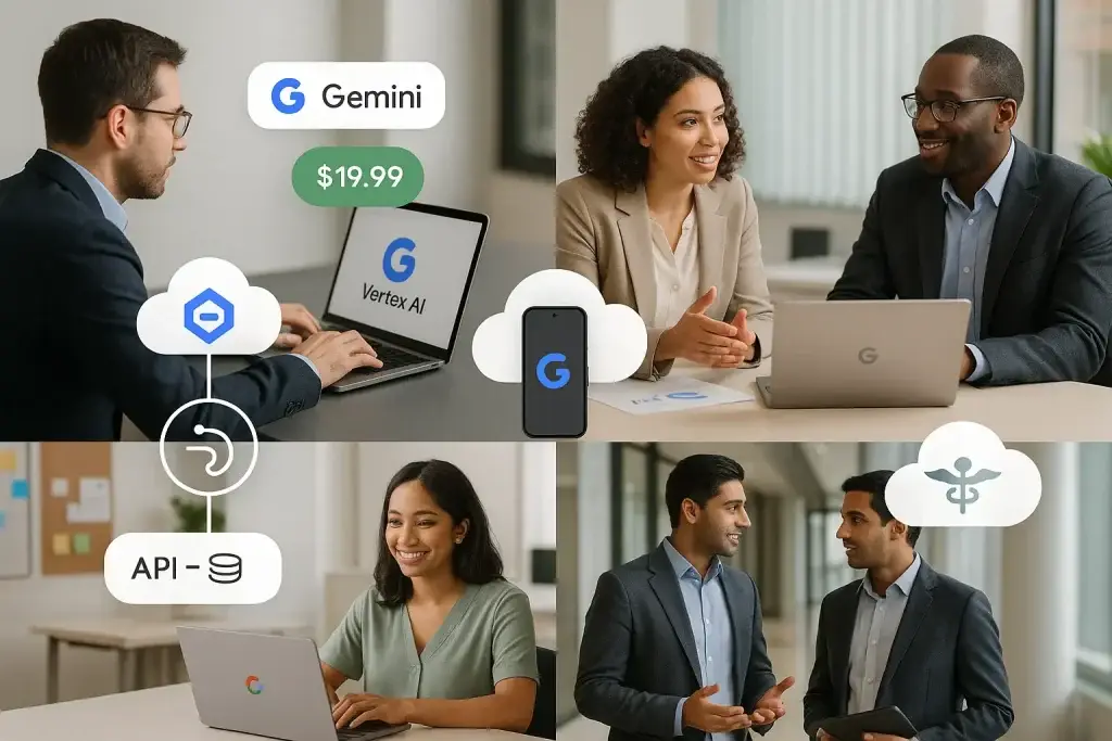 Revenue Model of Google Gemini: How Googleโs AI Powerhouse Makes Money 1 People using laptops with Google Gemini, Vertex AI, and API cloud icons representing enterprise AI integration