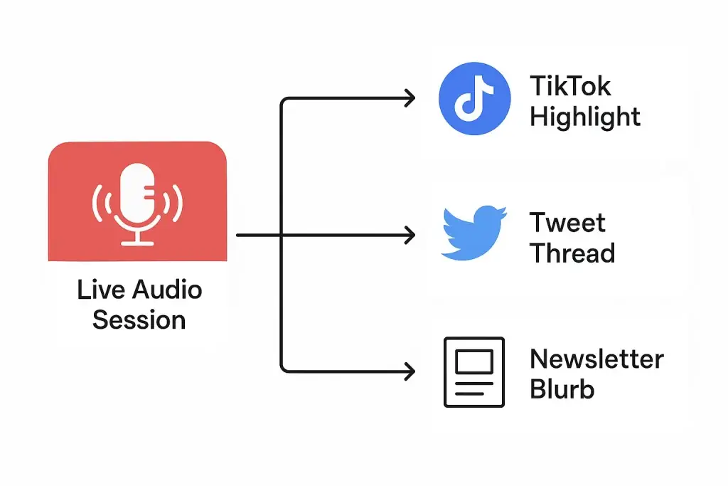 Clubhouse Strategy: Hype, Hustle & Audio Growth 1 how a live audio session becomes a TikTok highlight tweet thread and newsletter blurb