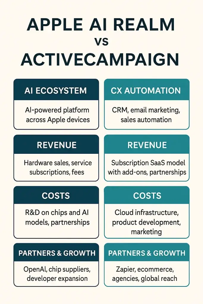 Apple AI vs ActiveCampaign | Business Model Showdown for Startups 1 infographic image for apple ai realm vs active campion